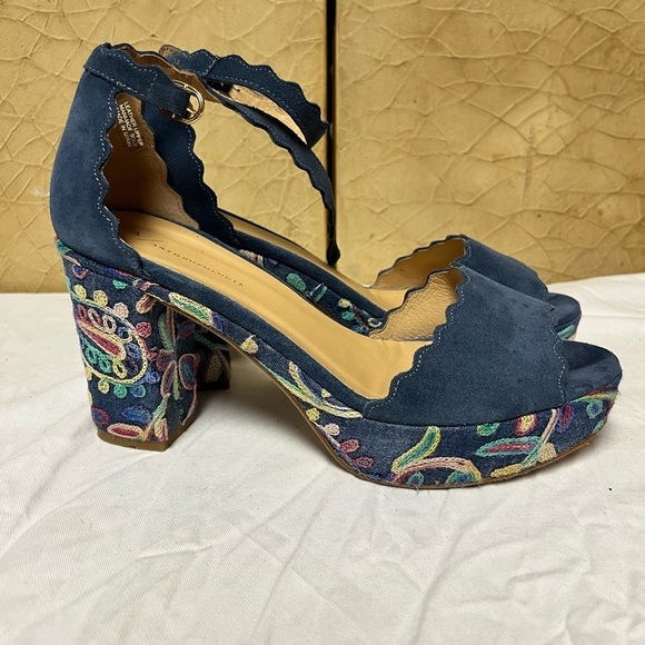 Anthropologie Platform Sandal Heel Womens 9 Ankle Strap Suede Floral Boho Blue - Picture 6 of 11